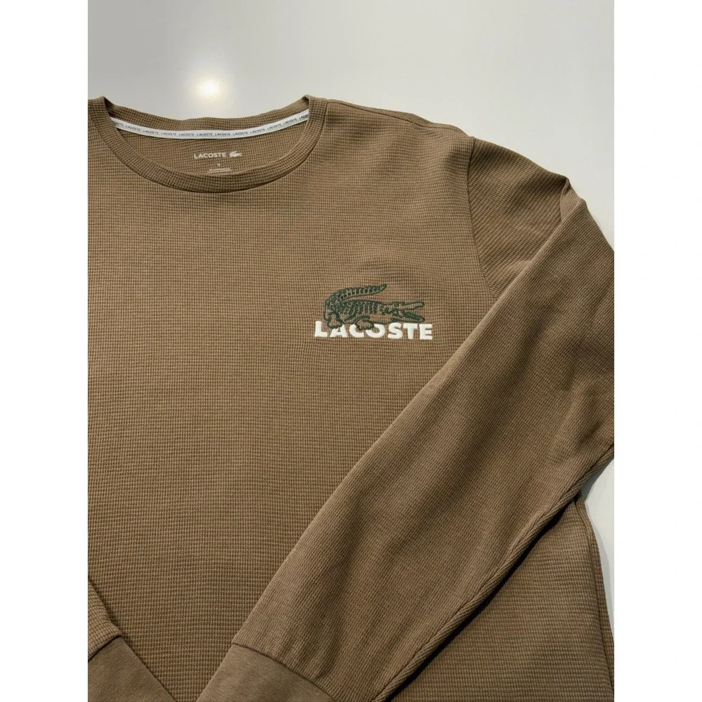 Lacoste Waffle Knit Long Sleeve Sleepwear Shirt Men's M Brown Cotton TH8089